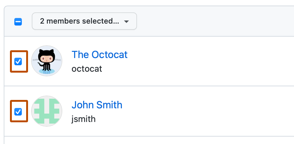 Captura de tela dos dois primeiros usuários em uma lista de membros da organização. À esquerda de cada membro, uma caixa de seleção está marcada e contornada em laranja escuro.