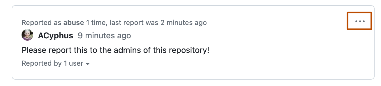 Screenshot of a reported comment. In the upper-right corner, a kebab icon is outlined in dark orange.