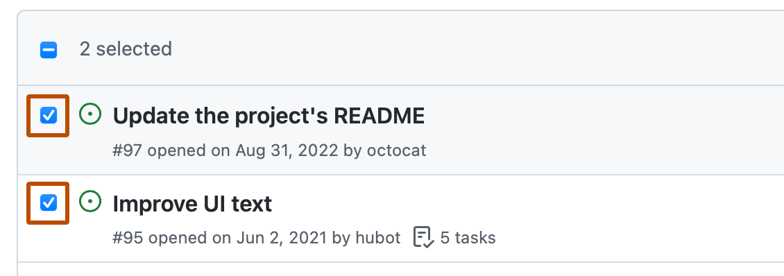 Screenshot of the first two items in a list of issues. To the left of each issue, a checkbox is checked and outlined in dark orange.