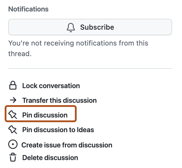 Screenshot of the right sidebar of a discussion. The "Pin discussion" option is highlighted with an orange outline.
