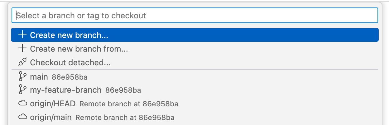 VS Code에서 새 분기를 만들기 위한 드롭다운의 스크린샷.