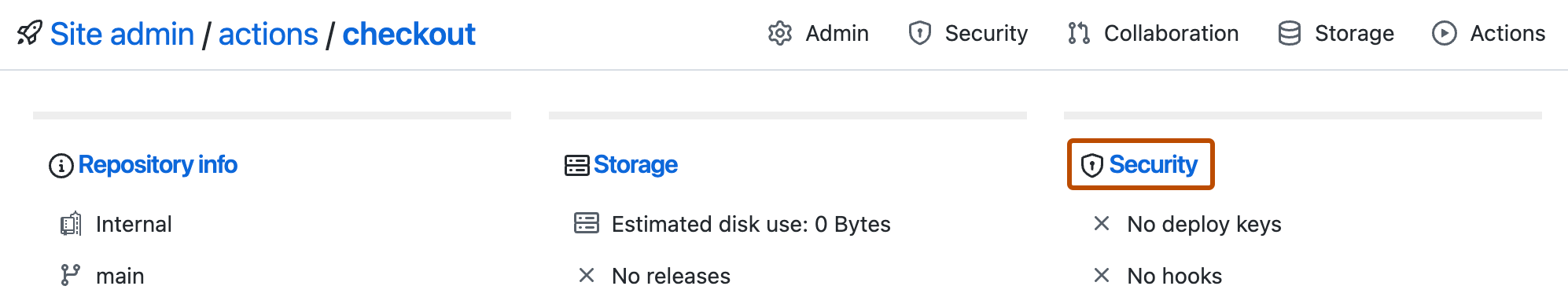 Capture d’écran des détails de l’administrateur de site d’un dépôt. Le lien « Sécurité » est mis en évidence avec un encadré orange.