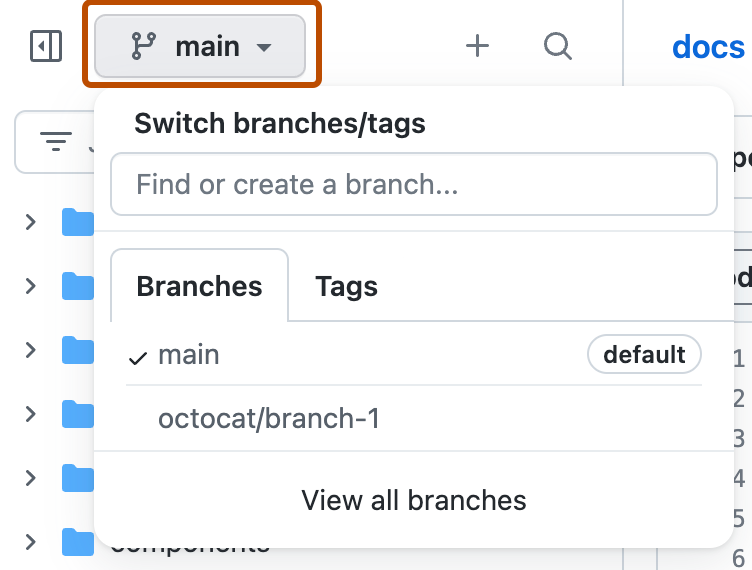 Screenshot der Dateistrukturansicht für ein Repository, Ein Dropdownmenü für Branches ist aufgeklappt und dunkelorange umrandet.