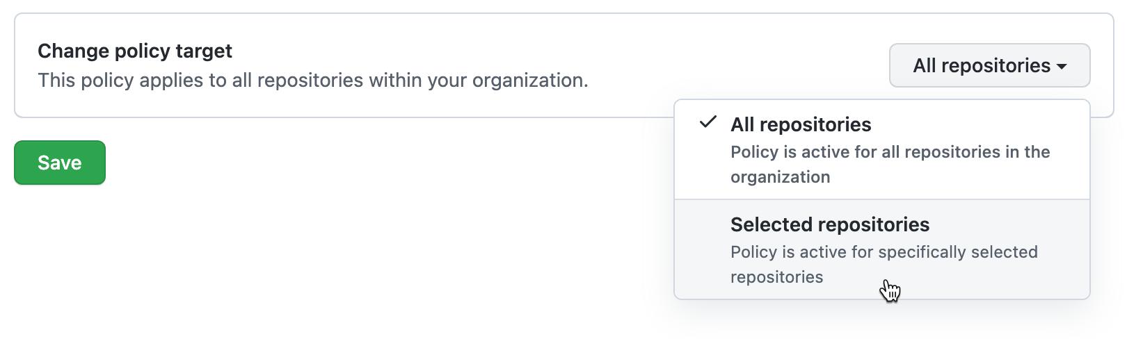 Captura de tela do menu suspenso de seleção de repositório, mostrando as opções "Todos os repositórios" e "Repositórios selecionados".