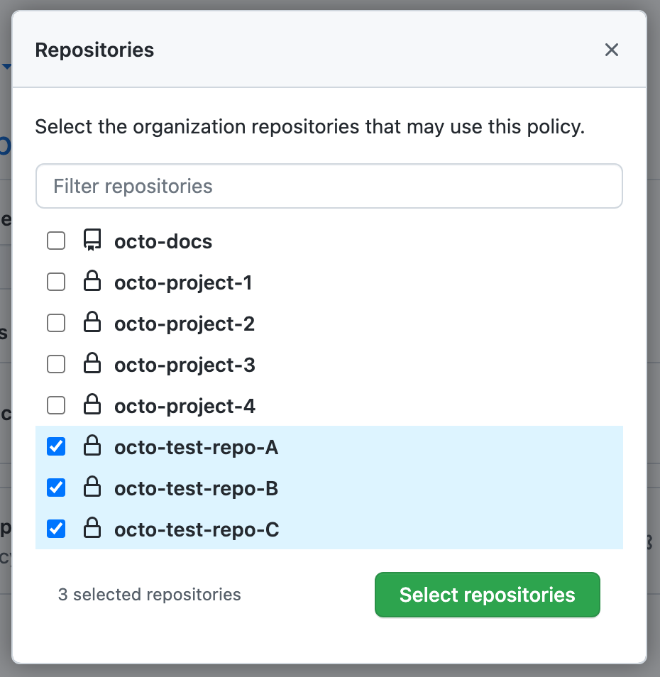 확인란이 있는 리포지토리 목록의 스크린샷, 세 개의 리포지토리가 선택됩니다.