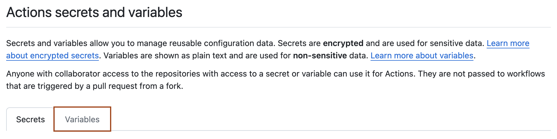 Screenshot of the "Actions secrets and variables" page. The "Variables" tab is outlined in dark orange.