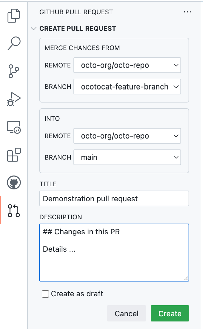 "제목" 및 "설명" 필드를 포함하여 끌어오기 요청을 만들기 위한 양식이 있는 "GitHub 끌어오기 요청" 사이드바의 스크린샷.