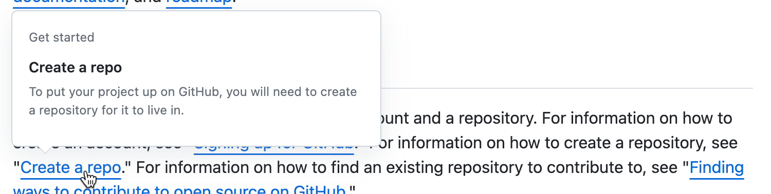 Captura de pantalla de parte de un artículo sobre GitHub Docs. Un cursor mantiene el puntero sobre un vínculo a un artículo denominado "Crear un repositorio" y una tarjeta de desplazamiento muestra la ubicación, el título y la introducción del artículo.