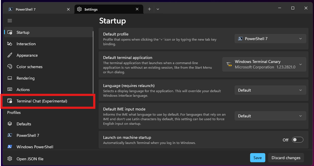 [Terminal Chat (Experimental)] 項目が強調表示されている Windows Terminal の [Settings] メニューのスクリーンショット。