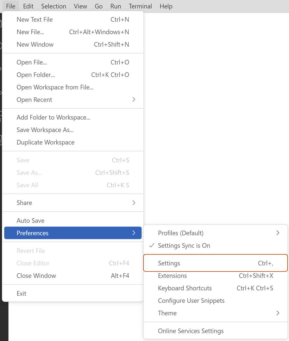 Screenshot of Visual Studio Code settings.