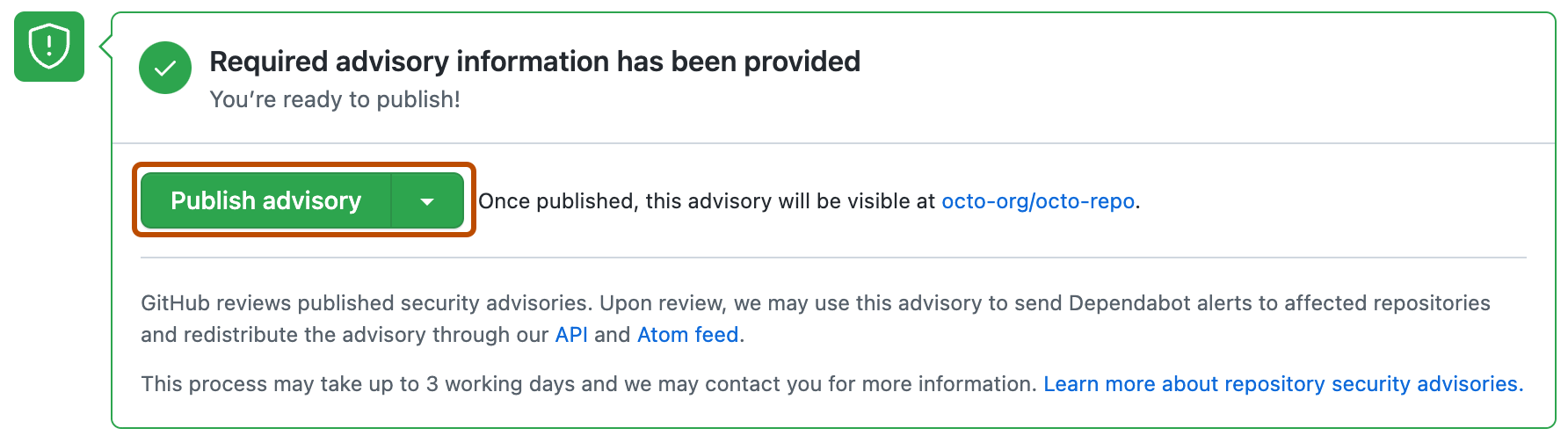 location of publish advisory button