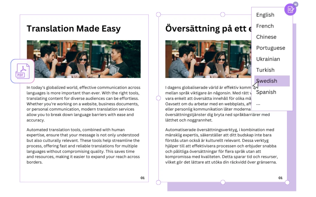 將 PDF 翻譯為瑞典語範例