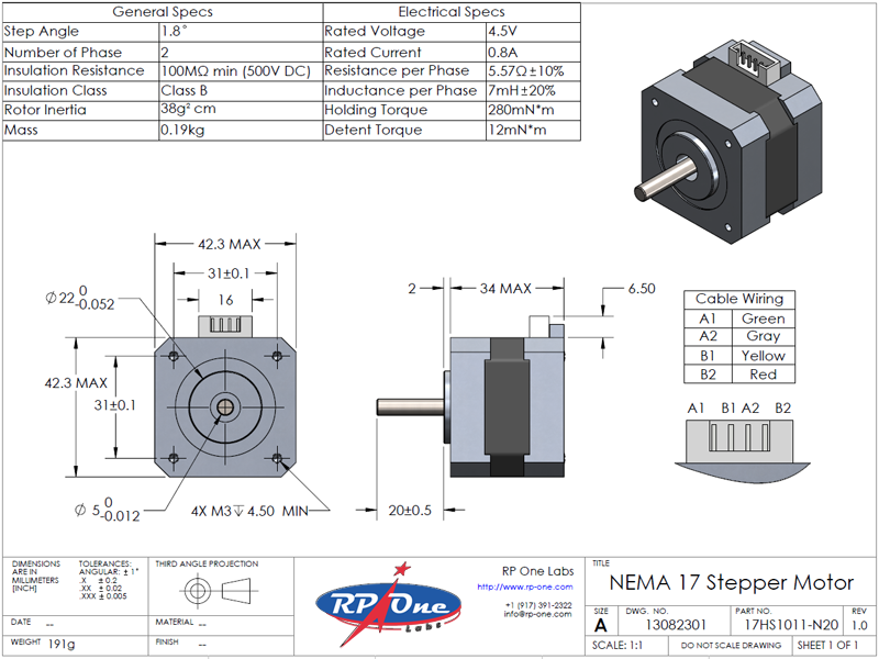 Stepper Motor, NEMA 17, 17HS1011-N20