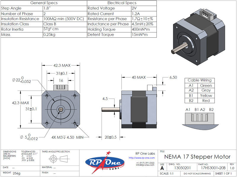 Stepper Motor, NEMA 17, 17HS3001-20B