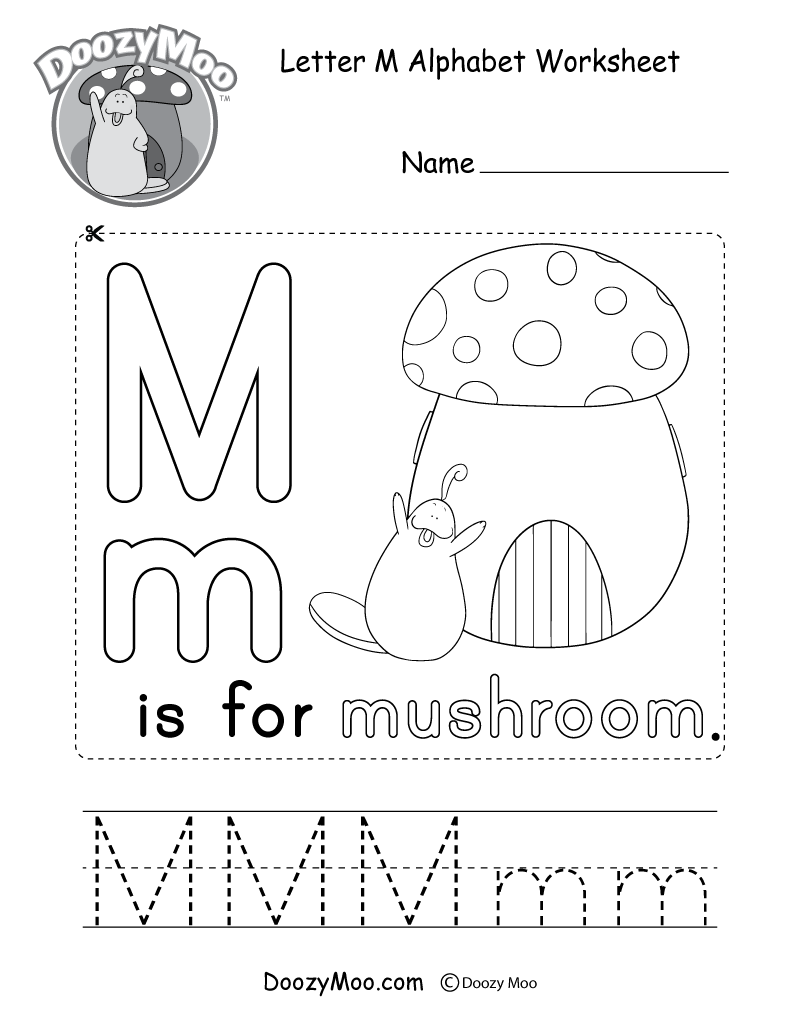 Letter M Alphabet Worksheet. The letter M is for mushroom.