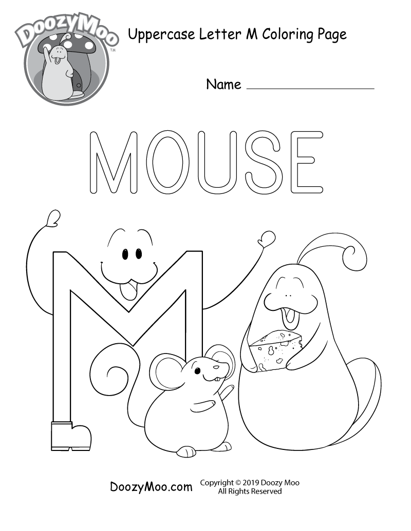 The letter M watches Doozy Moo hold a piece of cheese in front of a mouse in this uppercase letter M coloring page.