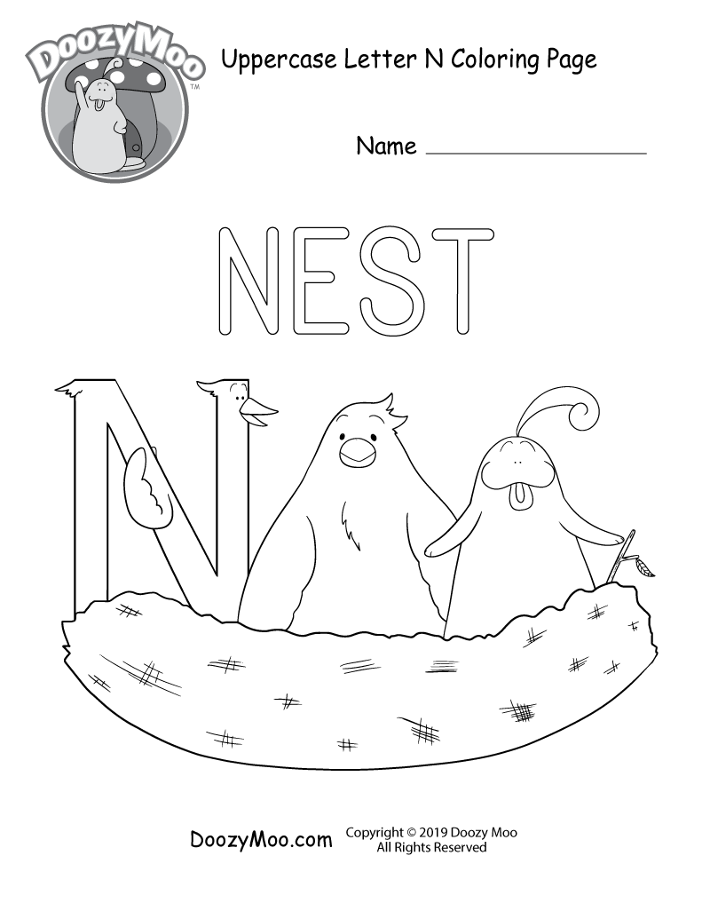 The letter N sits in a nest with a bird and Doozy Moo in this uppercase letter N coloring page.