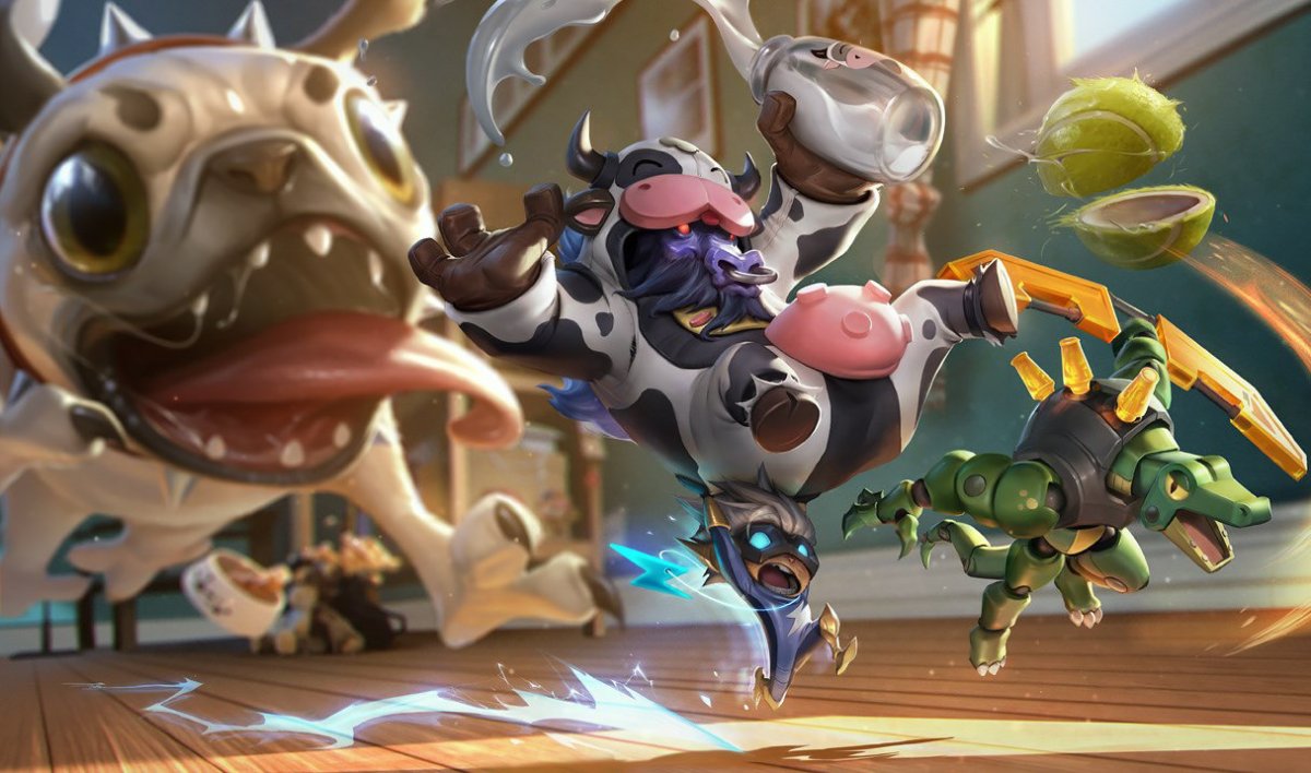 The champion splash art for the April Fools Day skins for Kog'Maw, Alistair, Renekton, and Kennen, showing all four champions reimagined as toys