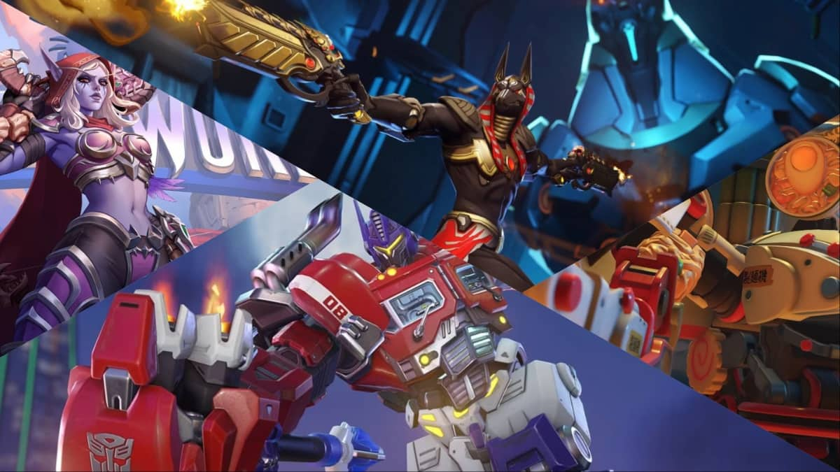 A collage of images from Overwatch 2 skins released in 2024. These includes Anubis Reaper, Ramen Bastion, Optimus Prime Reinhardt, and Sylvanas Widowmaker.