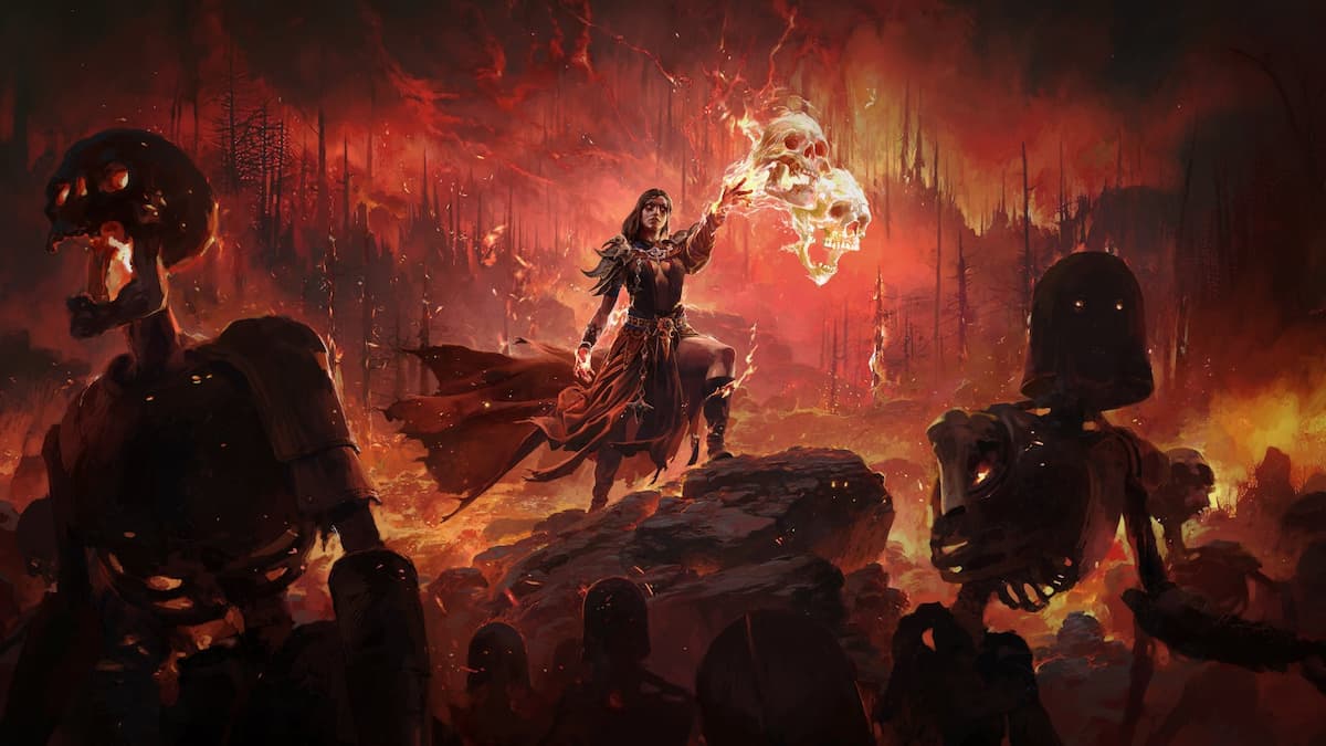 The Witch from Path of Exile 2 ascended as an Infernalist standing in a hellish scape wearing red robes and commanding flaming skulls.