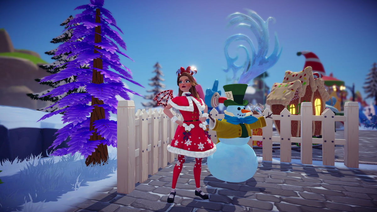 A player wearing a red holiday outfit standing confidently with their hands on their hips next to a snowman with a Mad Hatter hat, yellow jacket, and blue scarf in Disney Dreamlight Valley.