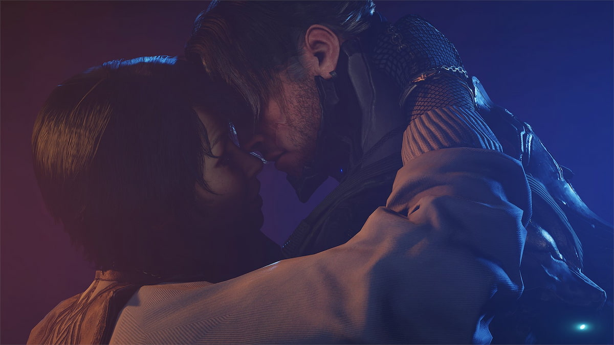 A Drifter and Arthur Nightingale share a passionate kiss in Warframe 1999.