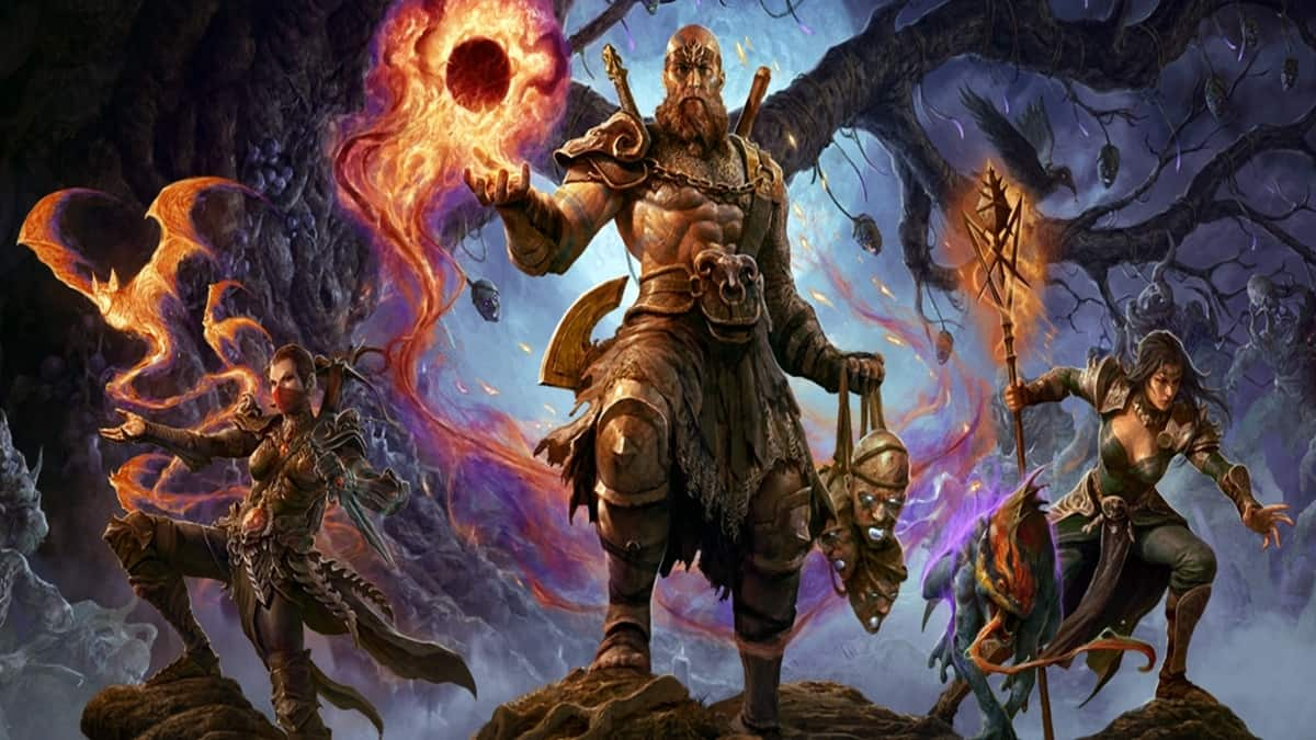 Diablo 4 characters channeling magic against enemies in the background within a dark atmosphere