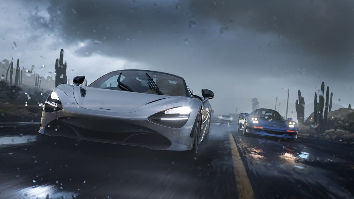 Two sports cars racing down a street in heavy rain in Forza Horizon 5.