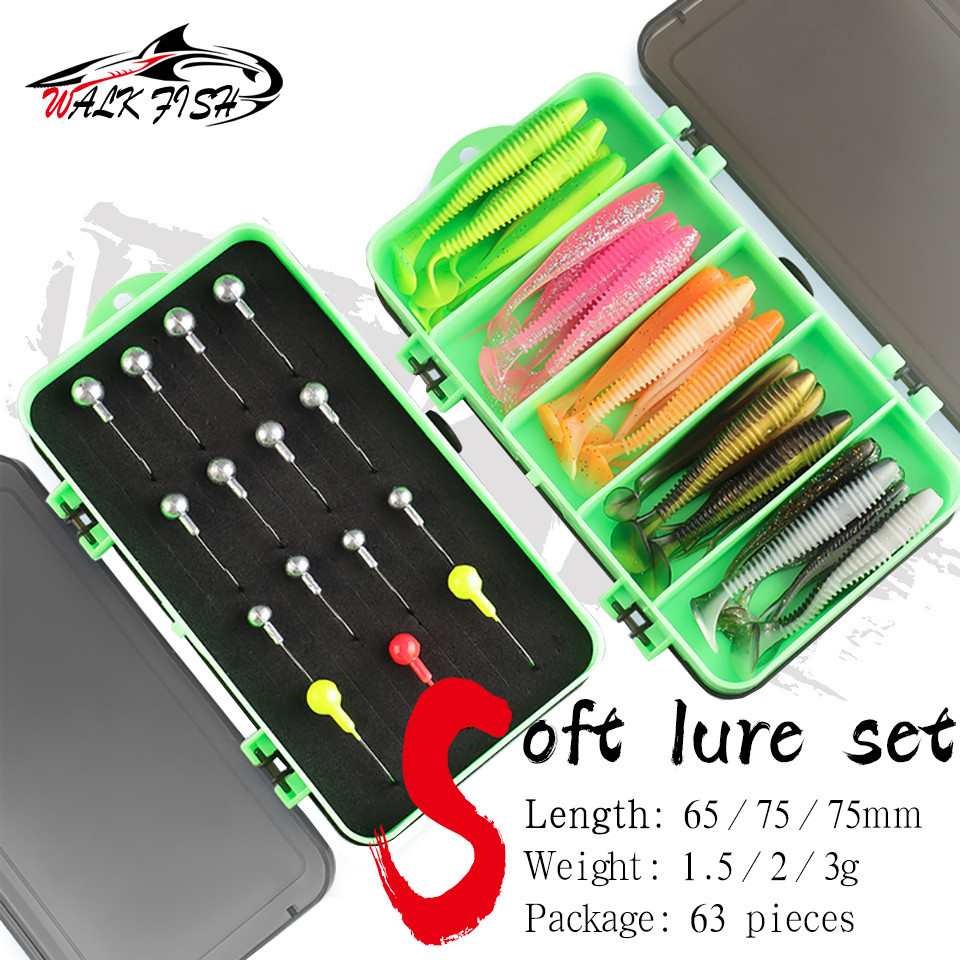 WALK FISH 63 Piece Double-sided Bait Box Soft Bait Set (40 T-tail ...