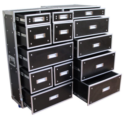 Tall Folding Drawers Road Case with 13 Drawers - Black