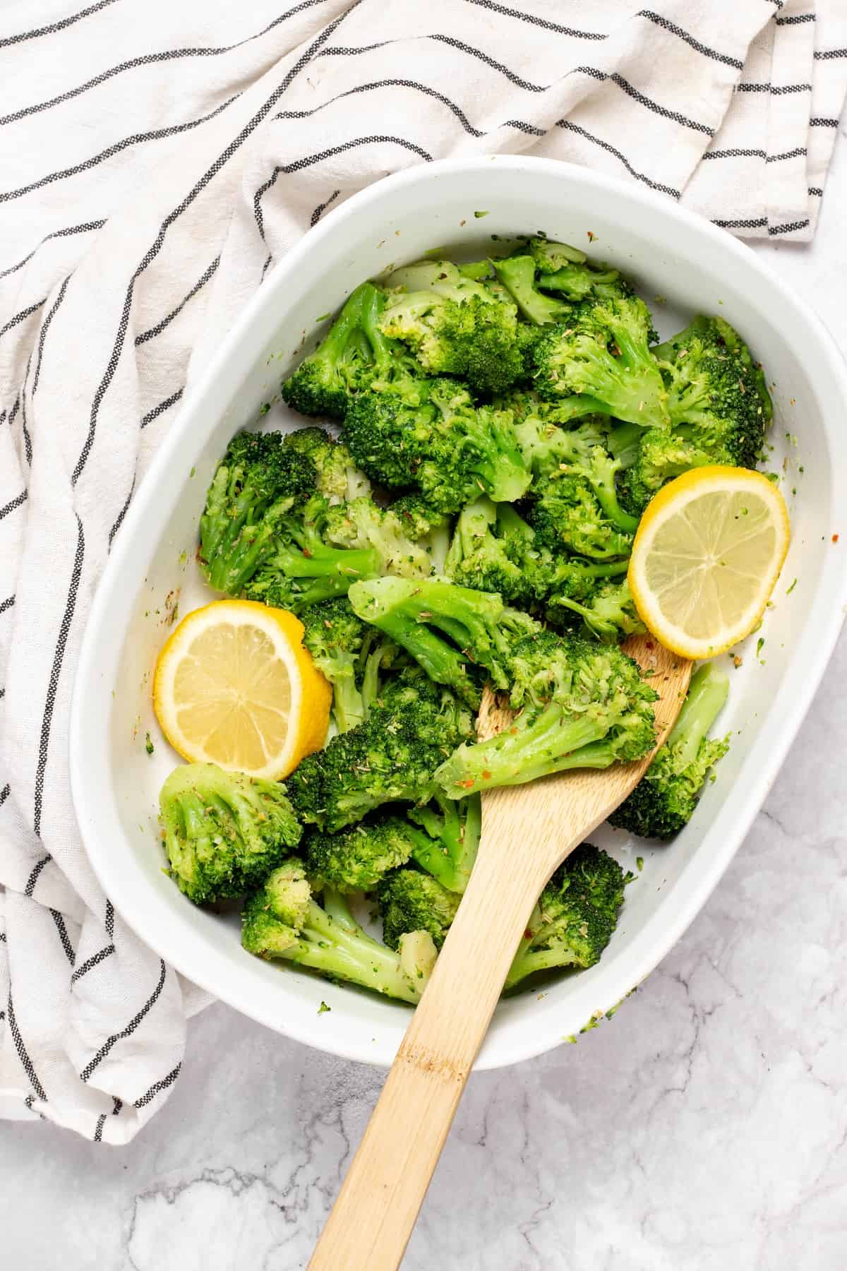 Air Fryer Frozen Broccoli in a baking dish