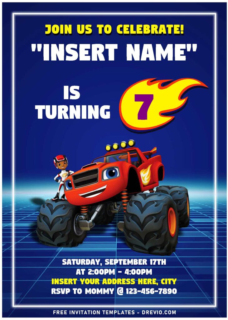 (Free Editable PDF) Fantastic Blaze & The Monster Machine Birthday Invitation Templates with awesome futuristic background