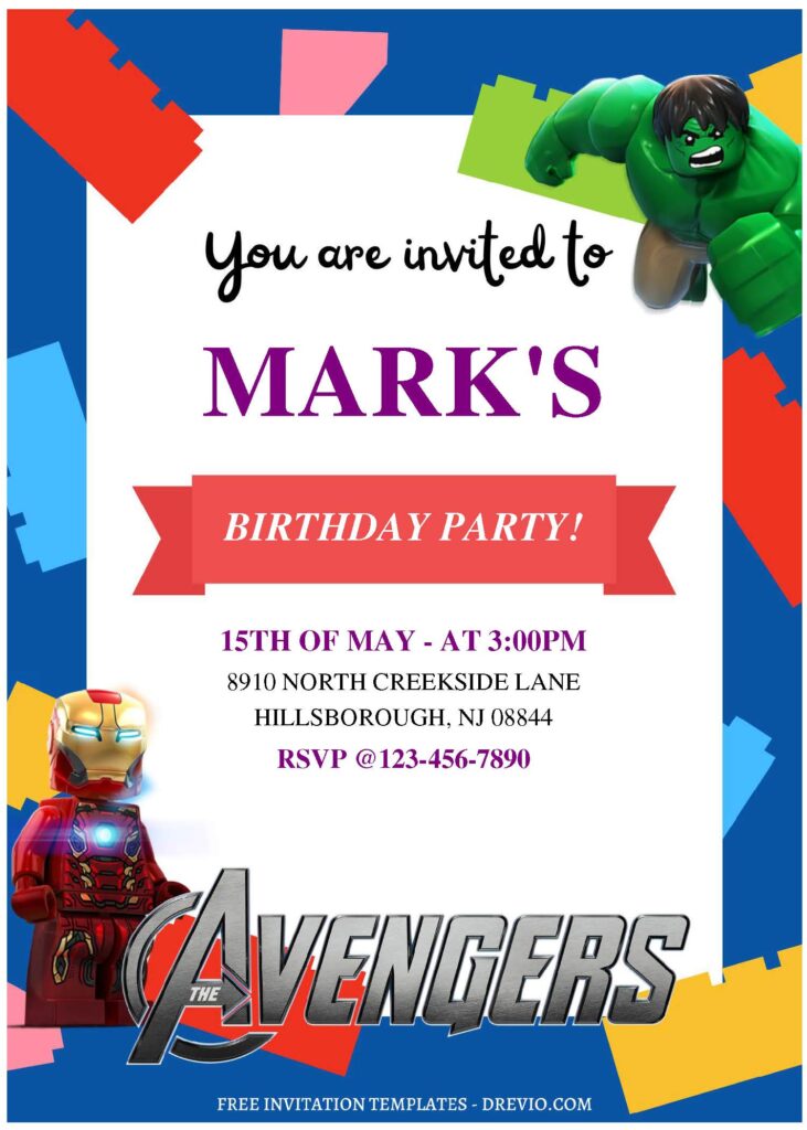 (Free Editable PDF) Awesome Lego Marvel's Avengers Birthday Invitation Templates C