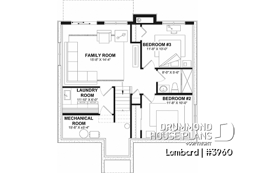 Basement - Lakefront modern cottage house plan, walkout basement, 3 to 4 bedrooms, 2 family rooms, 2 fireplaces, storage - Lombard