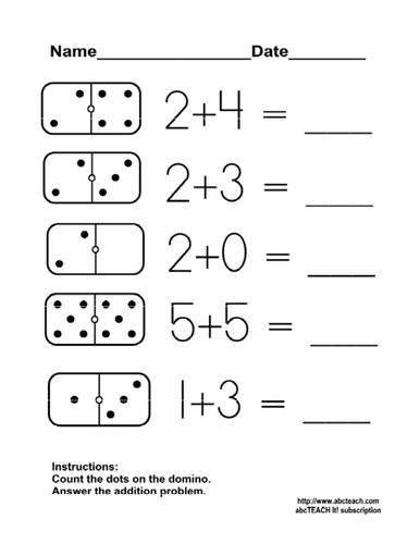 Worksheet: Domino Addition 2 (kdg/primary) | Teaching Resources