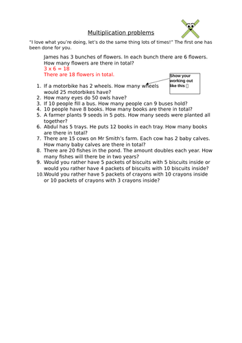 Multiplication worded problems YEAR 2 (differentiated) includes working ...