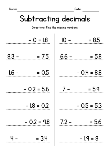 Subtracting Decimals with Missing Numbers | Teaching Resources