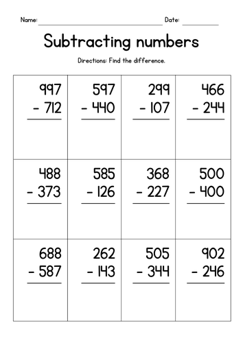 Subtracting 3-Digit Numbers in Columns | Teaching Resources