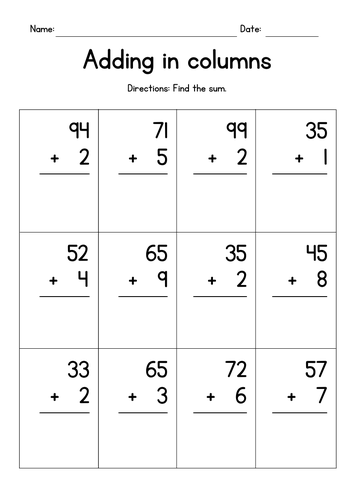 Adding 2-Digit and 1-Digit Numbers in Columns | Teaching Resources