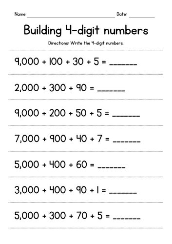 Building 4-Digit Numbers from the Parts Worksheets | Teaching Resources