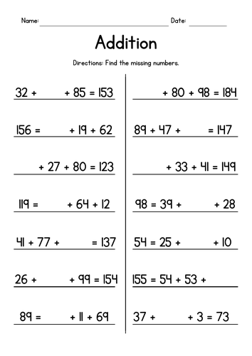 Adding with Missing Numbers - Addition Worksheets | Teaching Resources