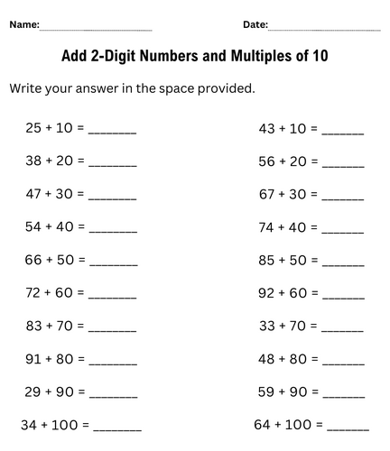 Printable adding multiples of 10 to a 2 digit number worksheet first ...