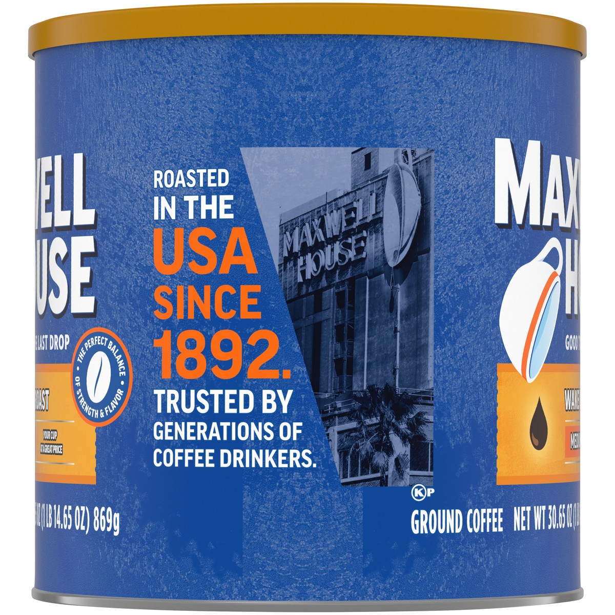 slide 9 of 9, Maxwell House Medium Roast Wake Up Roast Ground Coffee, 30.65 oz. Canister, 30.65 oz