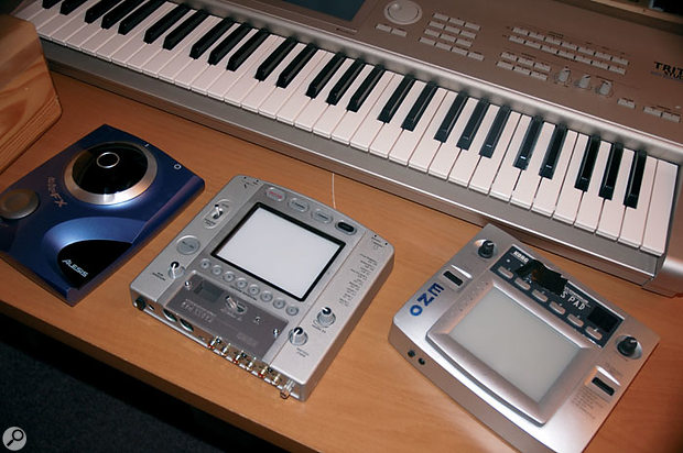 Devices that allow Eno to exercise 'muscle skill': Alesis AirFX and Korg Kaoss Pads (Mk I and Mk II).