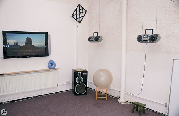 Eno's work area, with some of the ghettoblasters used in his generative music experiments.