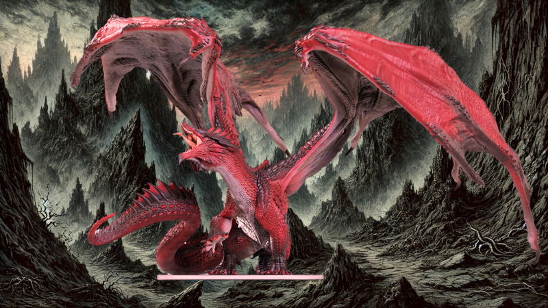 The new Red Dragon Tyrant Figure from WizKids set against an evil looking mountainous terrain.