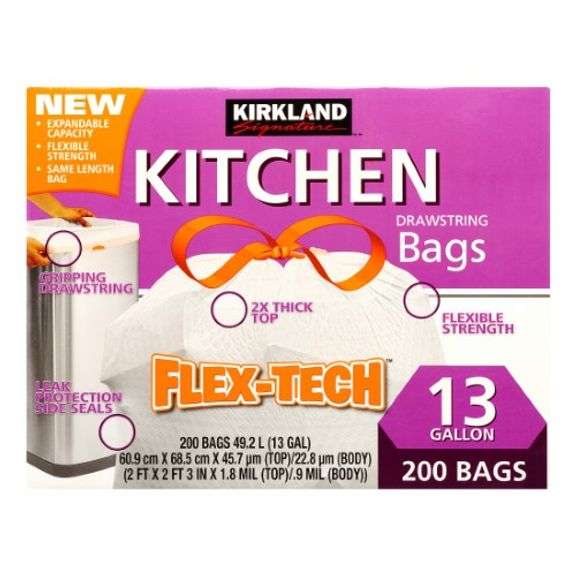 Kirkland Signature Flex-Tech 13-Gallon Kitchen Trash Bag, 200-Count ...