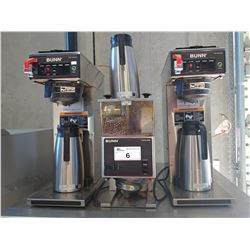 PAIR OF BUNN CW SERIES COFFEE MAKERS WITH BUNN COFFEE BEAN GRINDER (MODEL LPG 2-E) AND 3 POTS