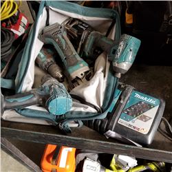 MAKITA CORDLESS TOOL SET, 2 DRILLS, ANGLE GRINDER, AND IMPACT GUN W/ CHARGER AND BATTERY - TESTED AN