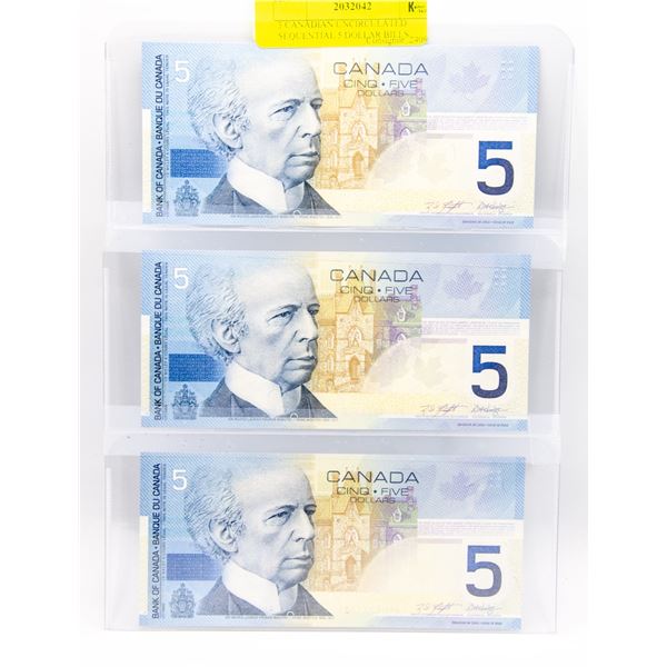 3 CANADIAN UNCIRCULATED SEQUENTIAL 5 DOLLAR BILLS